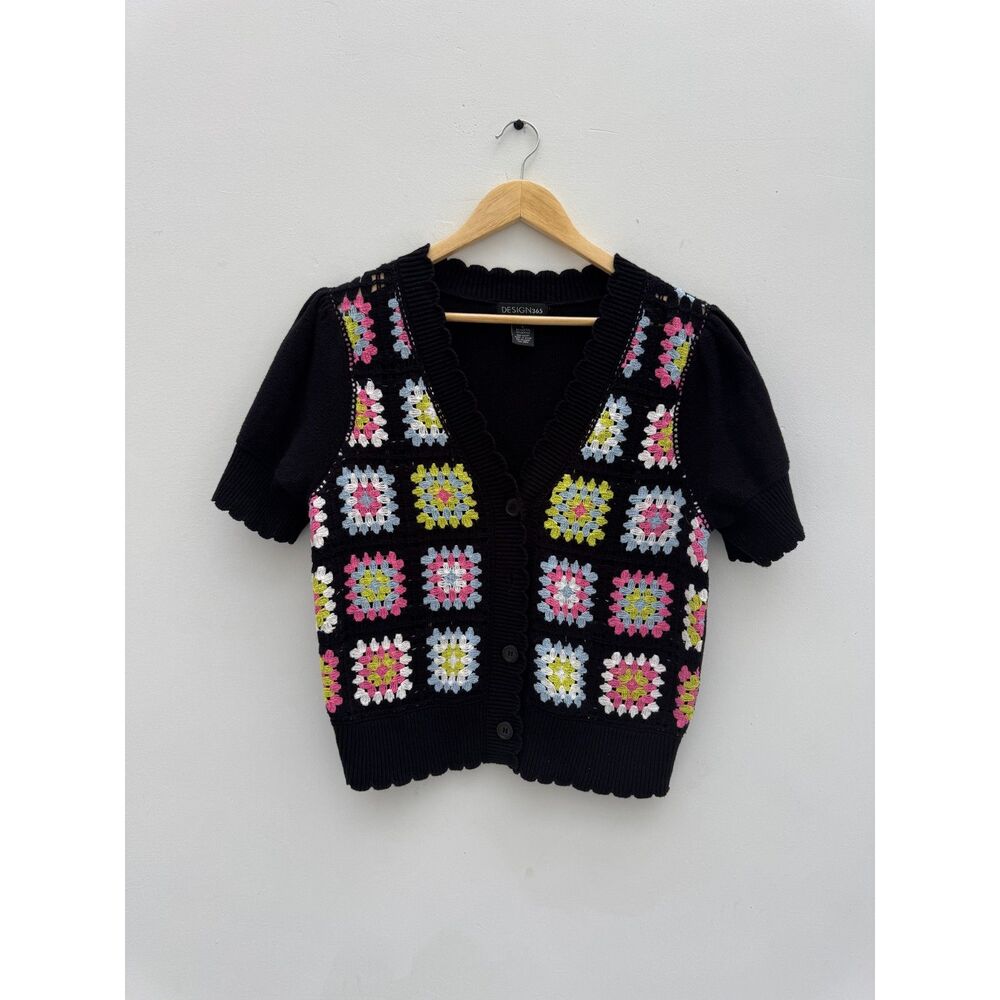 Design 365 Crochet Granny Square Short Sleeve Cardigan Sweater Black L
